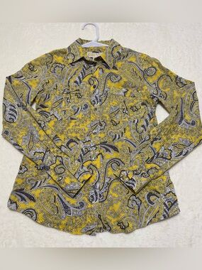Michael Kors Yellow and Black Paisley Button-Up Shirt
